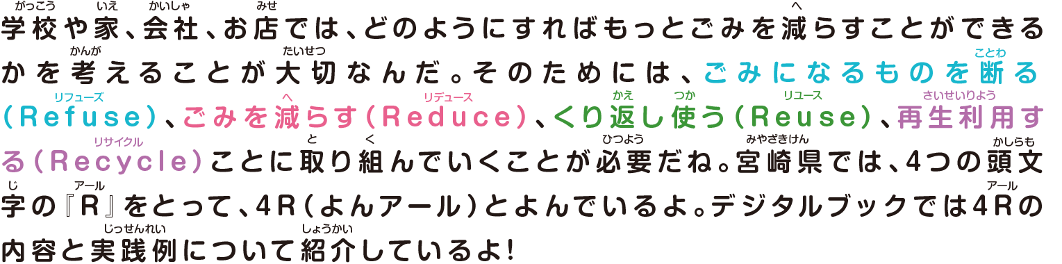 学校や家、会社、お店では、どのようにすればもっとごみを減らすことができるかを考えることが大切なんだ。そのためには、ごみになるものを断る （Refuse）、ごみを減らす（Reduce）、くり返し使う（Reuse）、再生利用する（Recycle）ことに取り組んでいくことが必要だね。宮崎県では、4つの頭文字の『R』をとって、4R（ヨンアール）とよんでいるよ。デジタルブックでは4Rの内容と実践例について紹介しているよ!